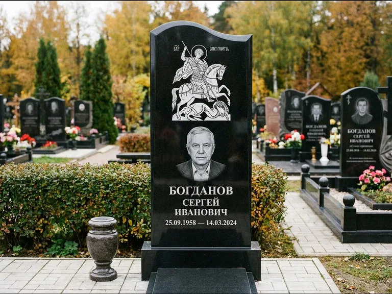 Памятник с гравировкой иконы: монументальный семейный мемориал из двух стел на общем цоколе — гравировка Николая Чудотворца, мощёная гранитная площадка без ограды, работа «Раевская» в Калининграде