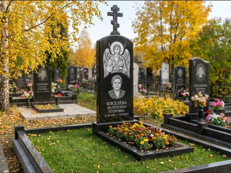 Памятник с гравировкой иконы — образ в полный рост на обороте стелы, работа «Гущин» в Калининграде