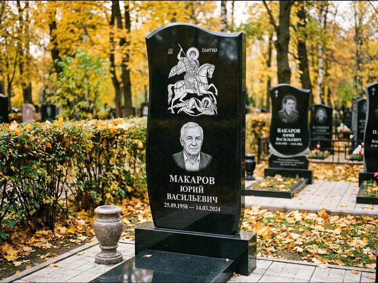 Памятник с гравировкой иконы — икона над портретом усопшего, работа «Раевская» в Калининграде