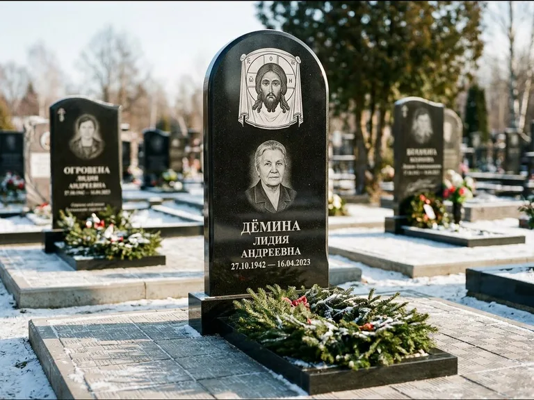Памятник с гравировкой иконы — икона Спаса Вседержителя над именем усопшего, работа «Ковалёв» в Калининграде