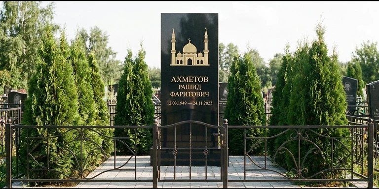Гравировка мечети на памятник в Калининграде — стела из чёрного гранита, оформление по канонам ислама