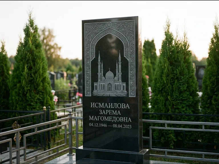 Мусульманский памятник с гравировкой мечети — мечеть в восточной арке с орнаментом, работа «Исмаилова» в Калининграде