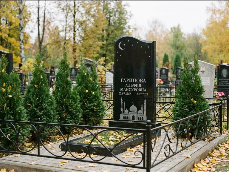 Мусульманский памятник с гравировкой мечети — мечеть с луной в ночном небе, работа «Гарипова» в Калининграде
