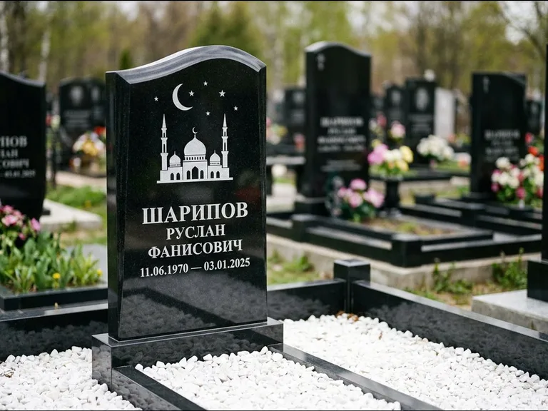 Мусульманский памятник с гравировкой мечети: стела с волнообразным скошенным верхом — гравировка мечети под полумесяцем и звёздами, белая мраморная крошка с бордюром, работа «Шарипов» в Калининграде