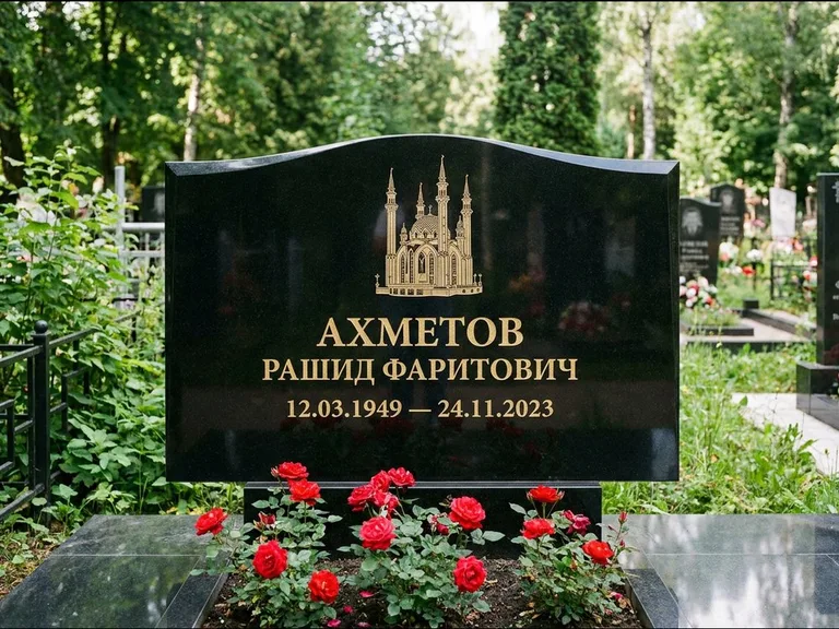 Мусульманский памятник с гравировкой мечети: широкая двойная семейная стела — золочёная гравировка мечети, цветник с красными розами, работа «Ахметов» в Калининграде