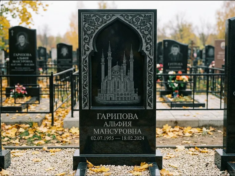 Мусульманский памятник с гравировкой мечети: фигурная стела с михраб-нишей — гравировка мечети в михраб-арке с орнаментом, светлая гравийная отсыпка, работа «Гарипова» в Калининграде