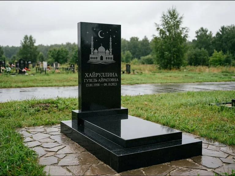 Мусульманский памятник с гравировкой мечети: ступенчатая двухуровневая стела — гравировка мечети под полумесяцем и звёздами, каменная дорожка из плитняка, работа «Хайруллина» в Калининграде