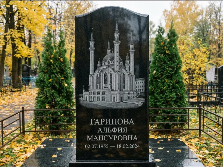 Мусульманский памятник с гравировкой мечети — мечеть Кул-Шариф на обороте стелы, работа «Гарипова» в Калининграде