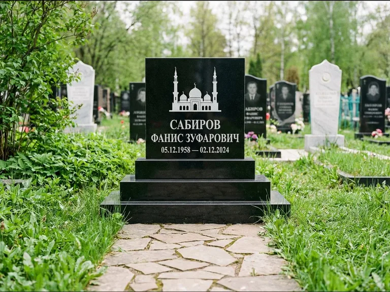 Мусульманский памятник с гравировкой мечети: ступенчатая трёхуровневая стела — золочёная гравировка мечети, дорожка из природного плитняка, работа «Юсупов» в Калининграде