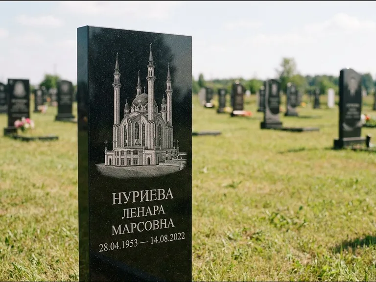 Мусульманский памятник с гравировкой мечети: узкая вертикальная стела-пилон — гравировка мечети в михраб-арке с орнаментом, открытая лужайка без ограды, работа «Хайруллина» в Калининграде