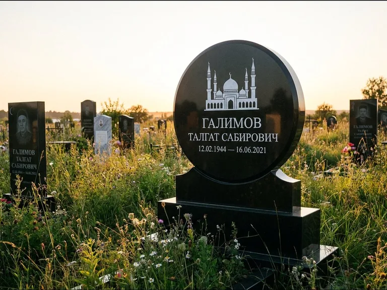 Мусульманский памятник с гравировкой мечети: округлая стела-медальон на тумбе — гравировка мечети в михраб-арке с орнаментом, луговые травы и полевые цветы, работа «Каримов» в Калининграде