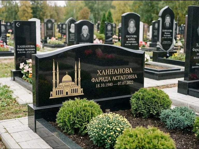 Мусульманский памятник с гравировкой мечети: вытянутая горизонтальная семейная стела с аркой — белая гравировка силуэта мечети с минаретами, участок с декоративными кустами, работа «Гарипова» в Калининграде