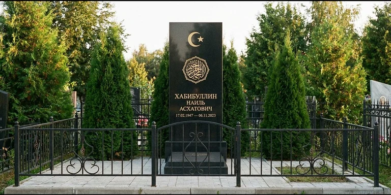 Гравировка на мусульманском памятнике в Калининграде — стела из чёрного гранита, оформление по канонам ислама