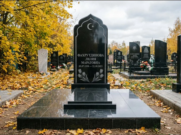 Мусульманский памятник: стела с михраб-навершием в форме арки — гравировка минарета с полумесяцем, гранитный цоколь с тёмной плиткой, работа «Фахрутдинова» в Калининграде