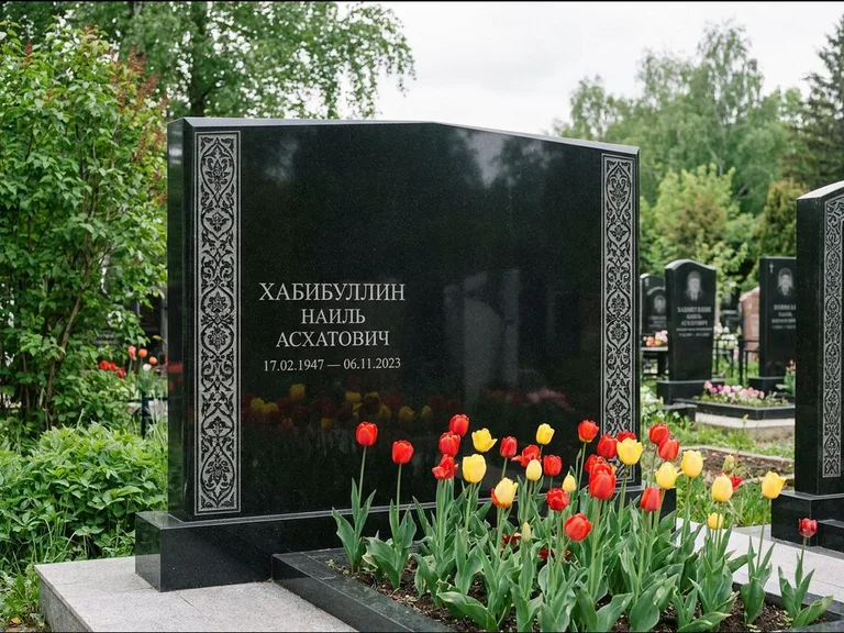 Мусульманский памятник: широкая двойная семейная стела — золочёная гравировка мечети, цветник с тюльпанами, работа «Хабибуллин» в Калининграде