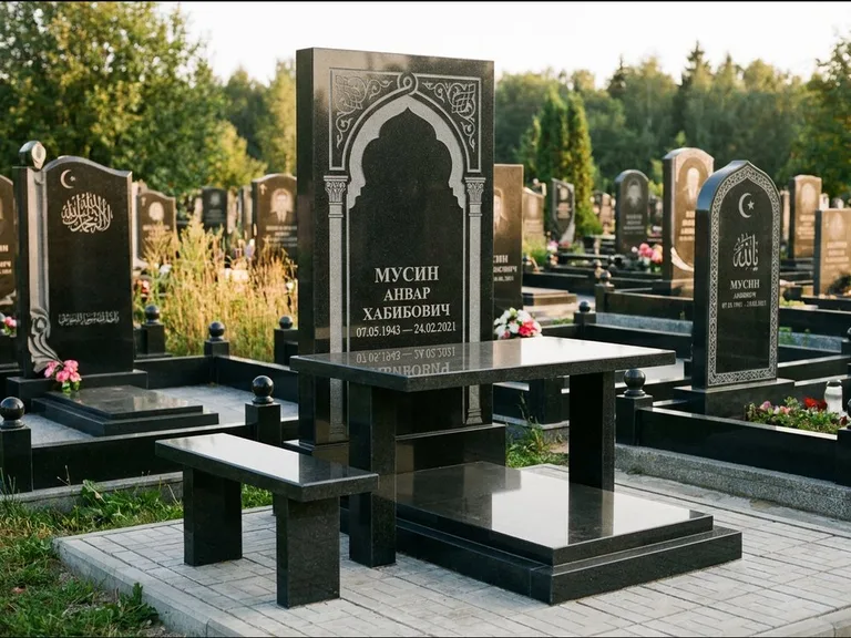 Мусульманский памятник: стела с гранитным столиком и скамьёй — гравировка мечети под полумесяцем и звёздами, семейный участок с плиткой, работа «Гимаев» в Калининграде