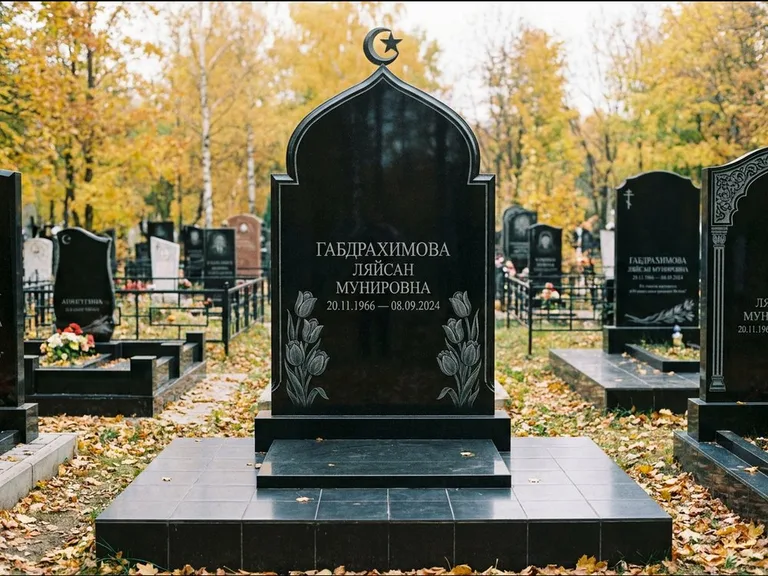 Мусульманский памятник: массивная стела с михраб-навершием — белая гравировка силуэта мечети с минаретами, цоколь тёмной плиткой, работа «Магомедова» в Калининграде