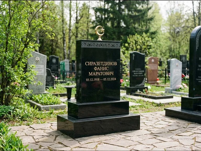 Мусульманский памятник: ступенчатая трёхуровневая стела — золочёная гравировка мечети, дорожка из природного плитняка, работа «Мустафин» в Калининграде