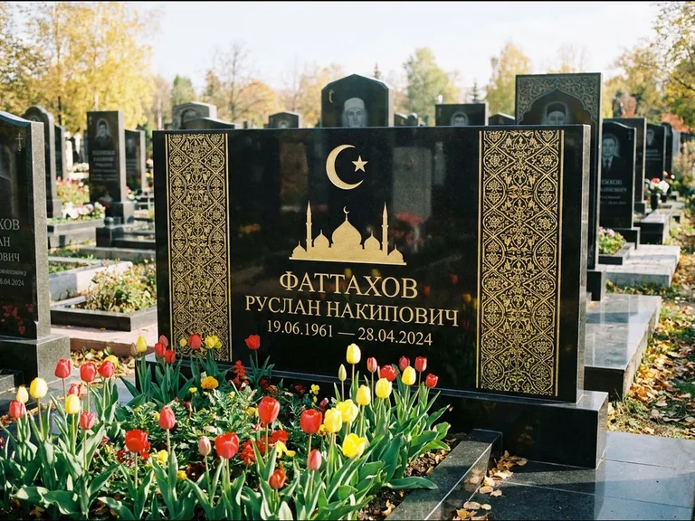 Мусульманский памятник: широкая панорамная стела с золочёным орнаментом — гравировка минарета с полумесяцем, цветник с тюльпанами, работа «Сулейманов» в Калининграде