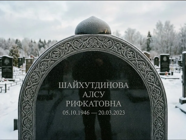 Мусульманский памятник: полукруглая стела с купольным навершием — гравировка мечети под полумесяцем и звёздами, заснеженный зимний участок, работа «Ганиева» в Калининграде