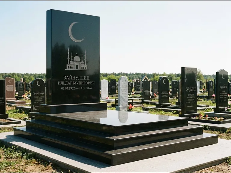Мусульманский памятник: массивная стела на ступенчатом постаменте — гравировка мечети под полумесяцем и звёздами, гранитная площадка без ограды, работа «Хабибуллин» в Калининграде