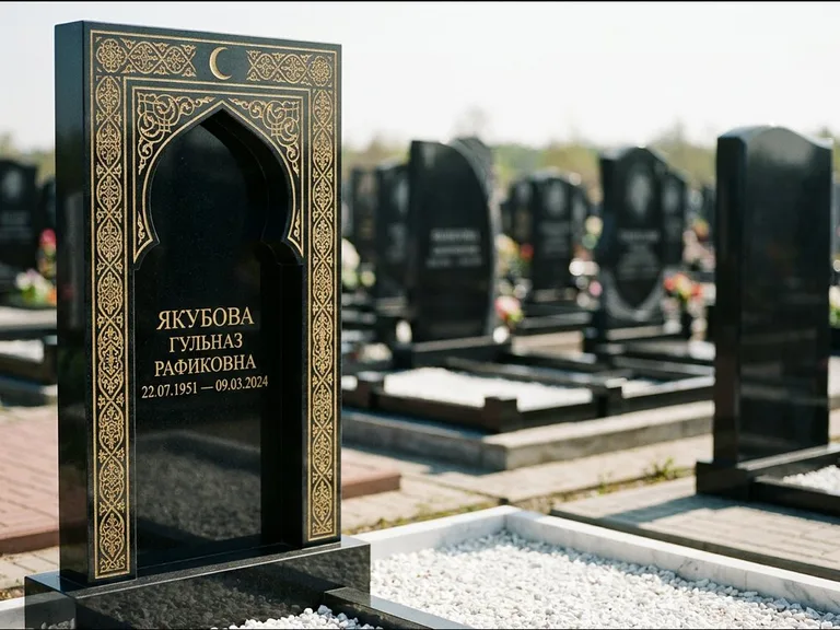Мусульманский памятник: стела в форме михраба с глубокой нишей и золочёным орнаментом — детализированная гравировка мечети Кул-Шариф, участок с белой мраморной крошкой, работа «Мустафин» в Калининграде