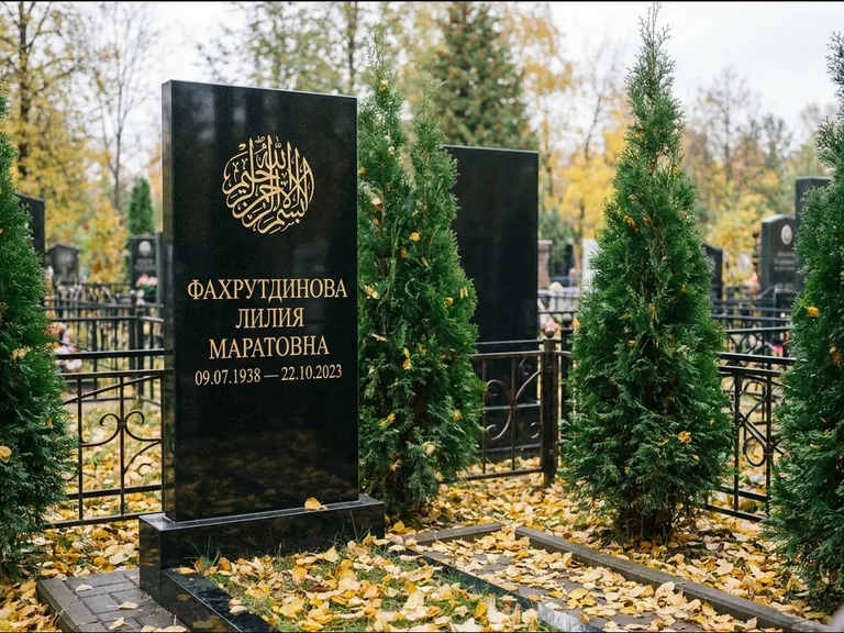 Мусульманский памятник — шахада в верхней части стелы, работа «Фахрутдинова» в Калининграде