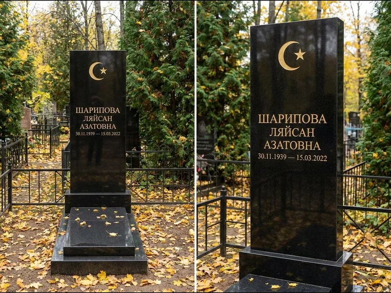 Памятник с гравировкой полумесяца — золочёная гравировка полумесяца со звездой в верхней части с, работа «Шарипова» в Калининграде