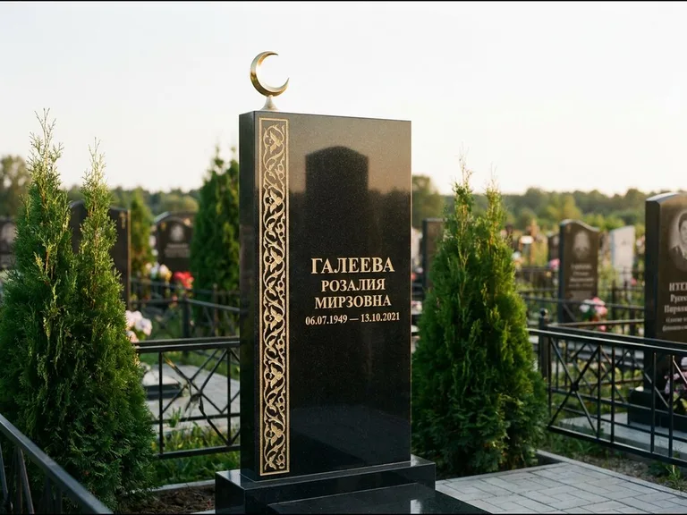 Памятник с гравировкой полумесяца — золочёный полумесяц и колонна растительного орнамента-ислими, работа «Галеева» в Калининграде