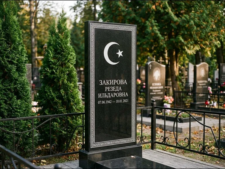 Памятник с гравировкой полумесяца — строгая белая гравировка полумесяца со звездой и орнаменталь, работа «Закирова» в Калининграде
