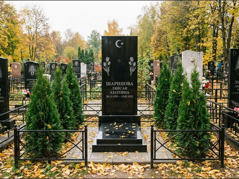Памятник с гравировкой полумесяца — гравировка полумесяца со звездой и тюльпанами по бокам, работа «Шарипова» в Калининграде