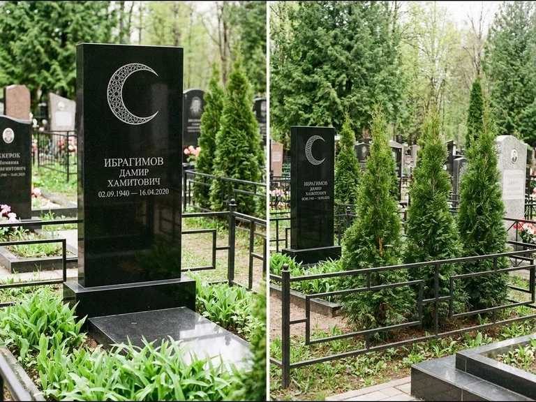 Памятник с гравировкой полумесяца — гравировка полумесяца в геометрическом орнаменте-гирихе, работа «Ибрагимов» в Калининграде