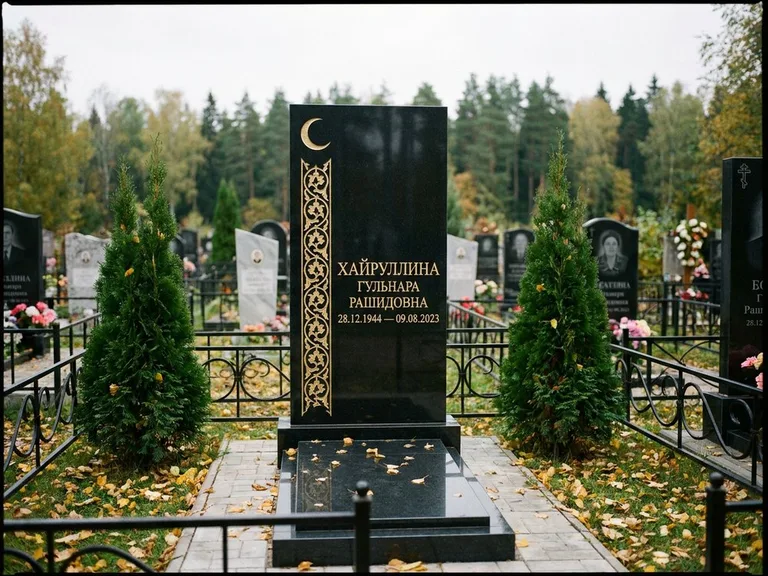 Памятник с гравировкой полумесяца — золочёный полумесяц и колонна растительного орнамента-ислими, работа «Хайруллина» в Калининграде