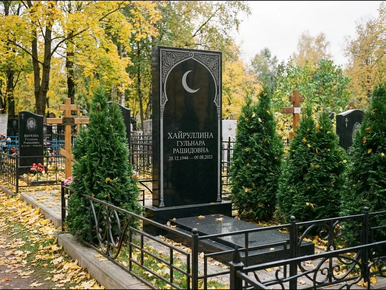 Памятник с гравировкой полумесяца — гравировка полумесяца в восточной арке с орнаментом, работа «Хайруллина» в Калининграде
