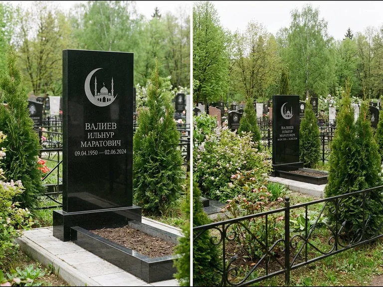Памятник с гравировкой полумесяца — гравировка полумесяца над силуэтом мечети, работа «Валиев» в Калининграде