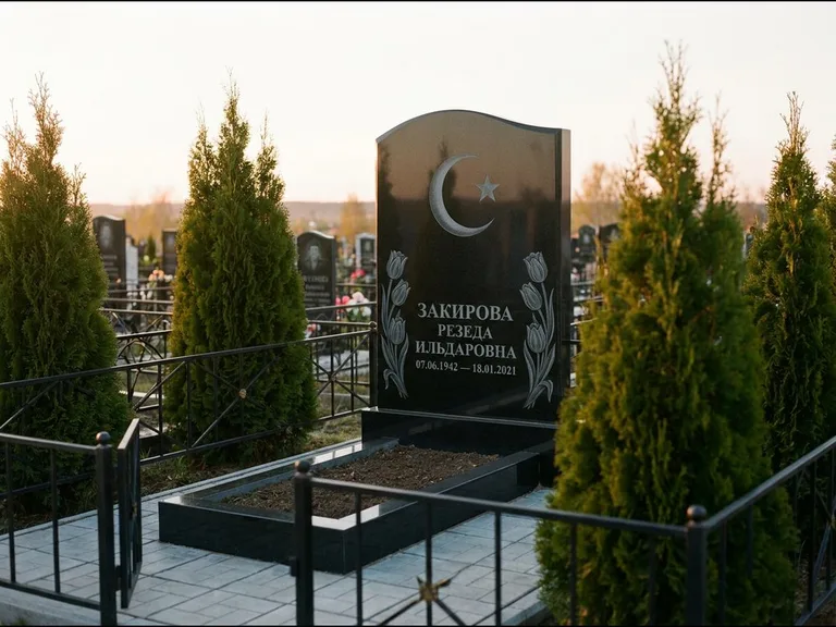 Памятник с гравировкой полумесяца — гравировка полумесяца со звездой и тюльпанами по бокам, работа «Закирова» в Калининграде