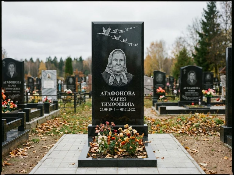 Гравировка журавлей на памятник в Калининграде — памятник из чёрного гранита с гравировкой