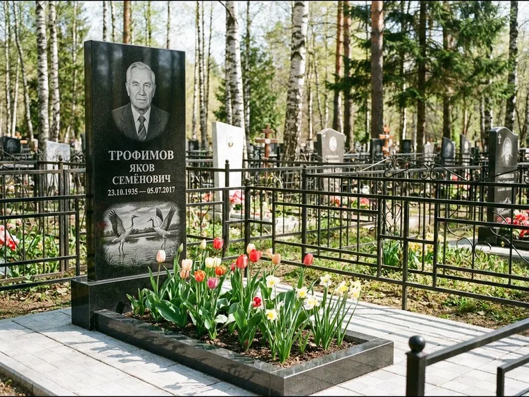 Памятник с гравировкой журавлей — гравировка пары журавлей над гладью озера в нижней части, работа «Трофимов» в Калининграде