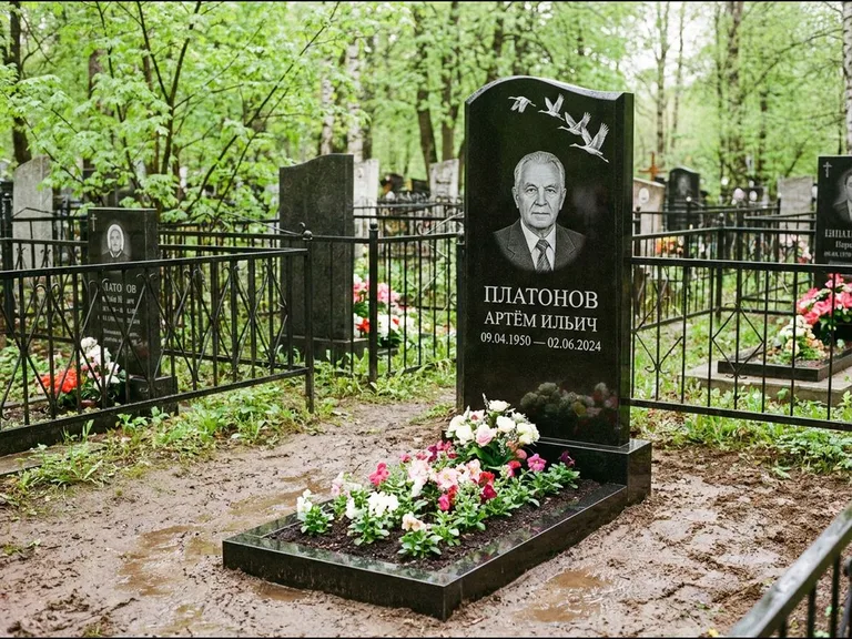 Памятник с гравировкой журавлей — белая гравировка клина журавлей, уходящего в верхний угол ст, работа «Платонов» в Калининграде