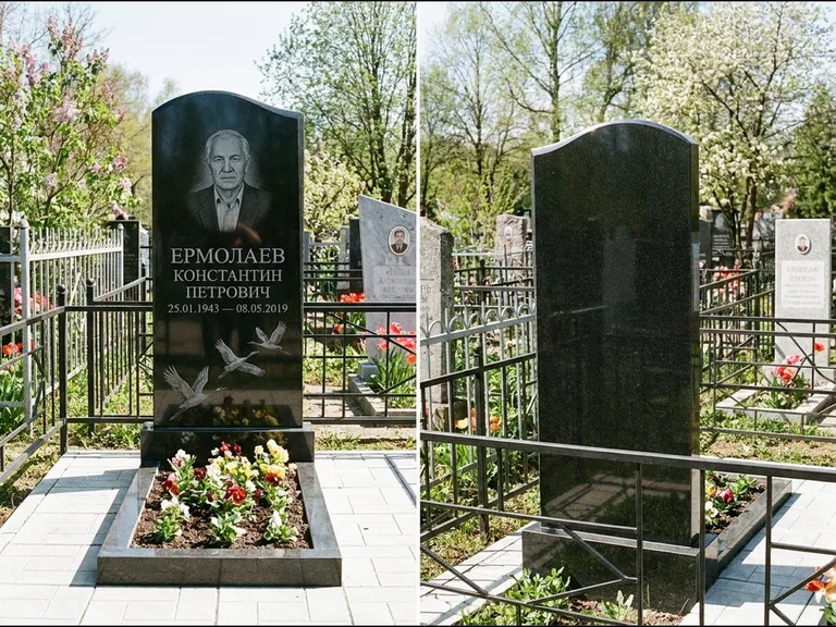 Памятник с гравировкой журавлей — гравировка трёх журавлей по диагонали через свободное поле с, работа «Ермолаев» в Калининграде