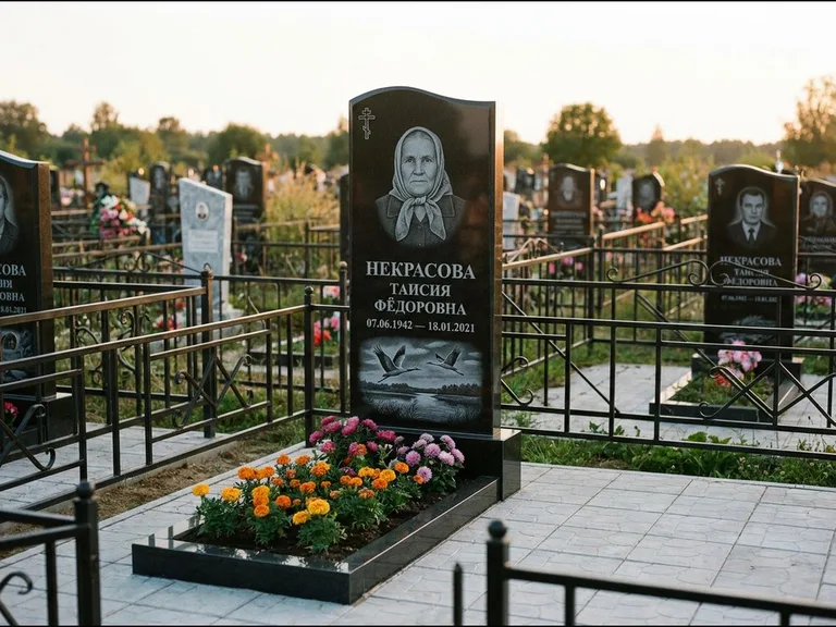 Памятник с гравировкой журавлей — гравировка пары журавлей над гладью озера в нижней части, работа «Некрасова» в Калининграде
