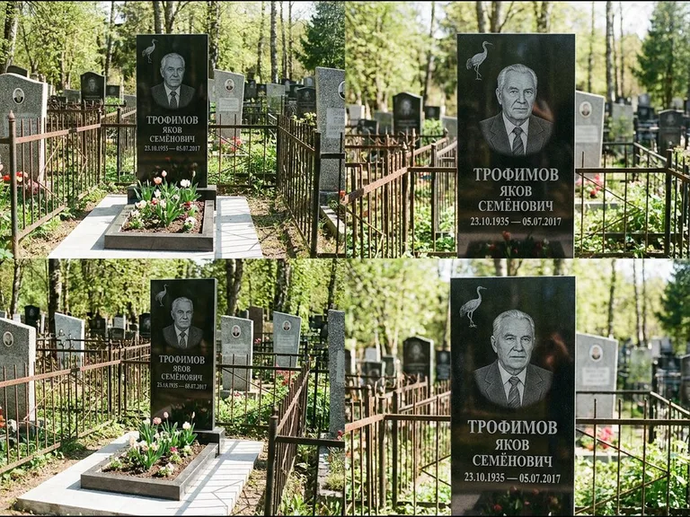 Памятник с гравировкой журавлей — гравировка одиночного летящего журавля над портретом, работа «Трофимов» в Калининграде