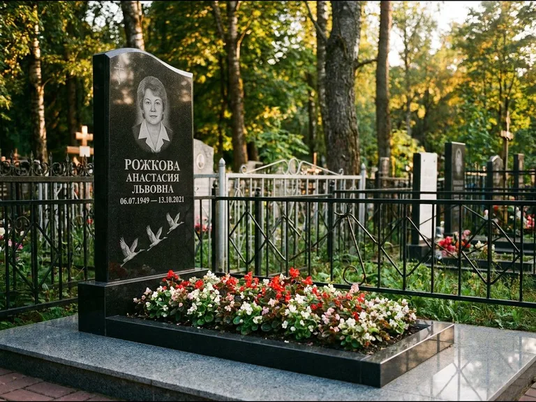 Памятник с гравировкой журавлей — гравировка трёх журавлей по диагонали через свободное поле с, работа «Рожкова» в Калининграде