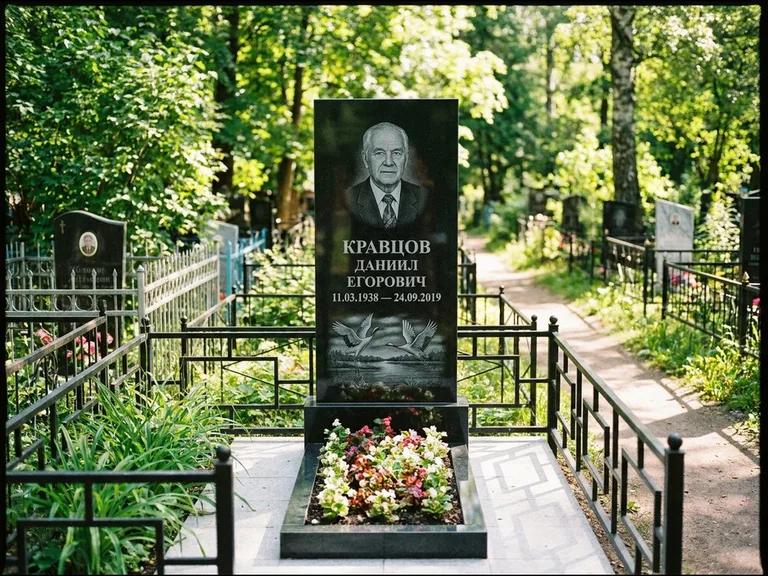 Памятник с гравировкой журавлей — гравировка пары журавлей над гладью озера в нижней части, работа «Кравцов» в Калининграде