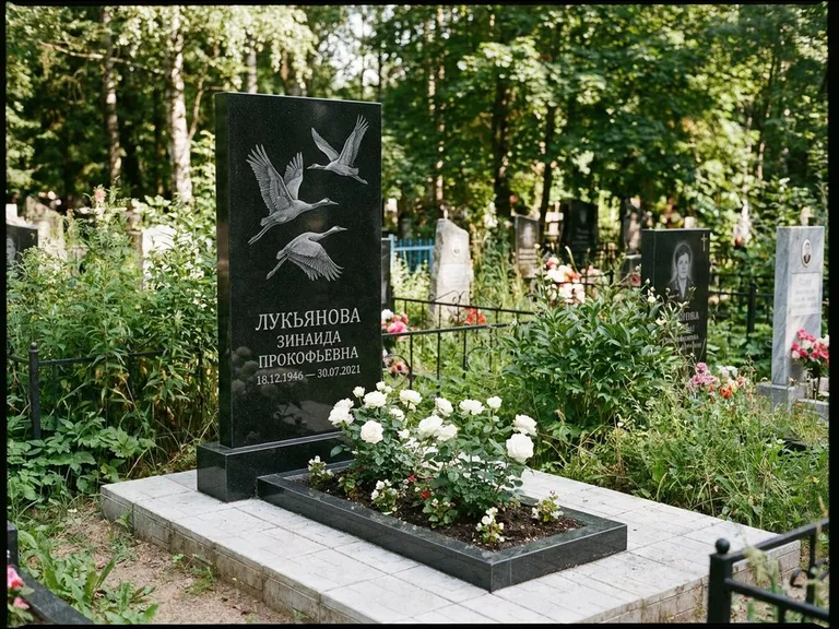 Памятник с гравировкой журавлей — гравировка журавлей, работа «Лукьянова» в Калининграде