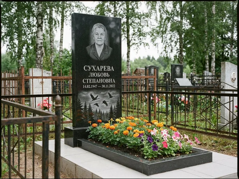 Памятник с гравировкой журавлей — гравировка силуэтов журавлей над еловым лесом, работа «Сухарева» в Калининграде