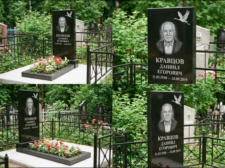 Памятник с гравировкой журавлей — белая гравировка клина журавлей, уходящего в верхний угол ст, работа «Кравцов» в Калининграде