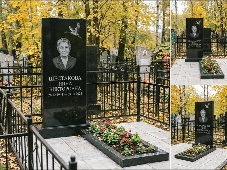 Памятник с гравировкой журавлей — гравировка одиночного летящего журавля над портретом, работа «Шестакова» в Калининграде