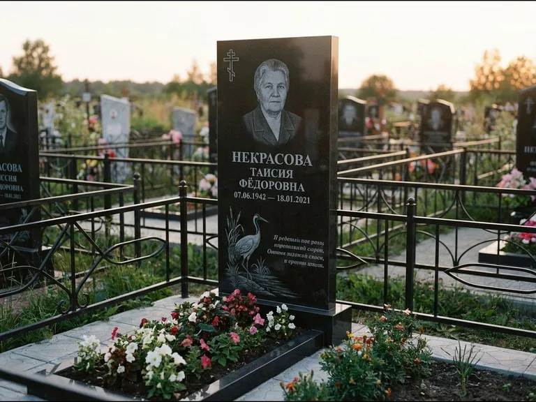 Памятник с гравировкой журавлей — гравировка журавля у камышей рядом с эпитафией, работа «Некрасова» в Калининграде