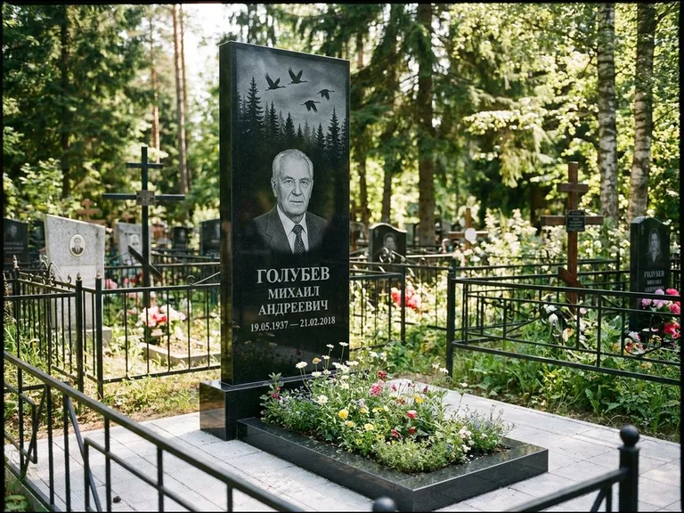 Памятник с гравировкой журавлей — гравировка силуэтов журавлей над еловым лесом, работа «Голубев» в Калининграде